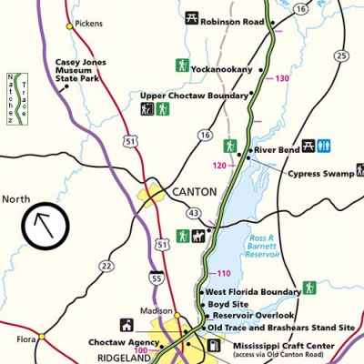 Canton - Ridgeland - Jackson Mississippi Map - Natchez Trace Parkway