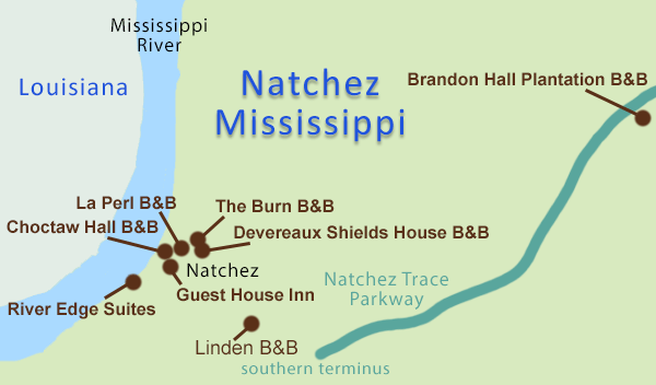 Natchez, Mississippi Bed and Breakfasts - Location Map