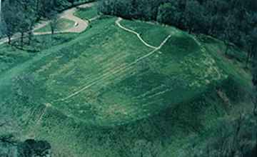This aerial view of Emerald Mound shows the eight acre mound complex.