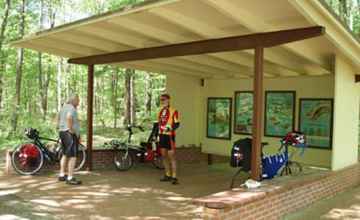 Cyclists taking a break at the Myrick Creek Exhibit Shelter.