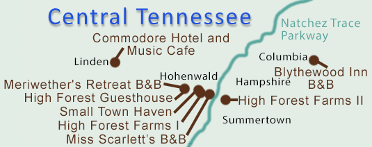 Central Tennessee Bed and Breakfasts Map