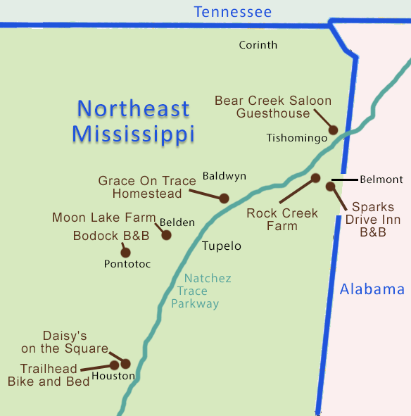 Northeast Mississippi Bed and Breakfasts Map