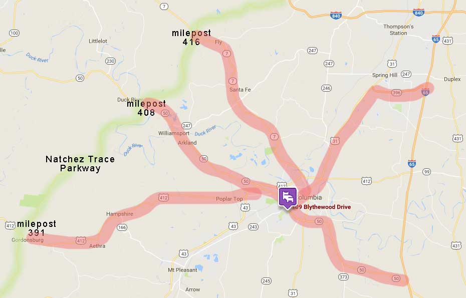 Printable Map and Directions | Blythewood Inn B&B - Columbia, TN