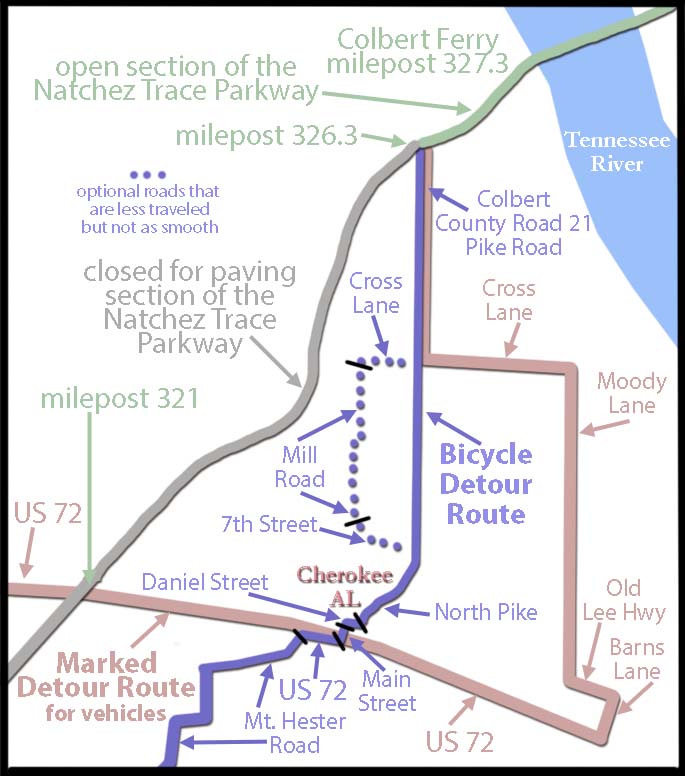 Cherokee, Alabama - Natchez Trace Parkway - Closure and Detour Map