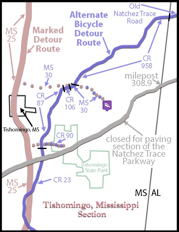 Tishomingo, MS and Tishomingo State Park - Natchez Trace Parkway - Closure and Detour Map