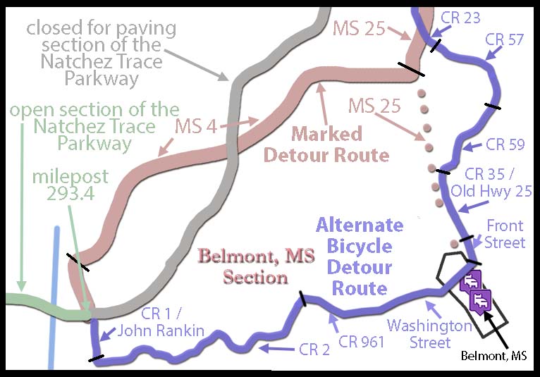 Belmont, MS - Natchez Trace Parkway - Closure and Detour Map