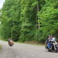 Group of motorcycles gliding past the English Camp Creek site.