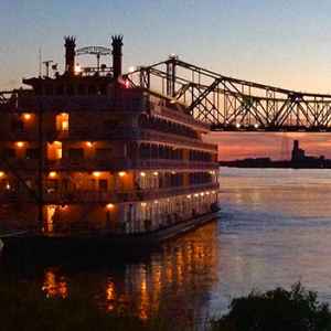 View of the riverboat docked at Natchez Under-the-Hill.